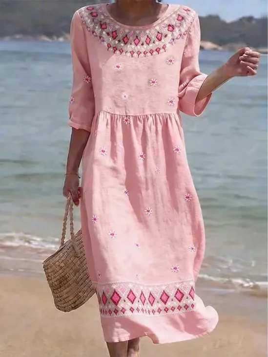 Women Abstract Half Sleeve Crew Neck Printing Dress Daily Casual Maxi H-Line Summer Dress