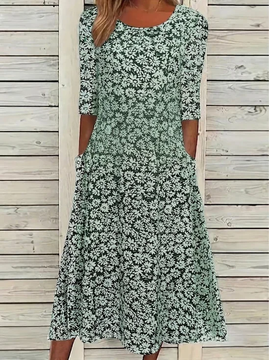 Women Floral Short Sleeve Crew Neck Printing Dress Daily Casual Maxi Shift Dress H-Line Summer Dress