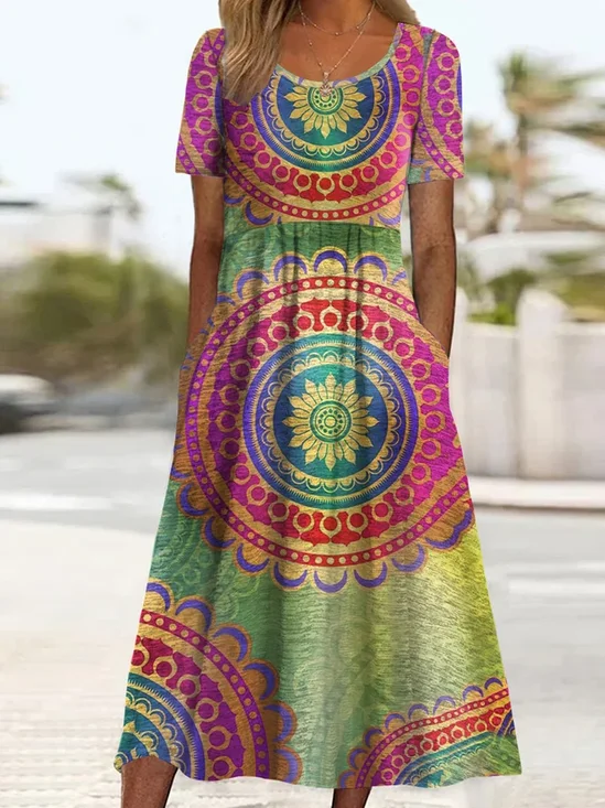Women Ethnic Short Sleeve Crew Neck Printing Dress Daily Casual Maxi Shift Dress H-Line Summer Dress