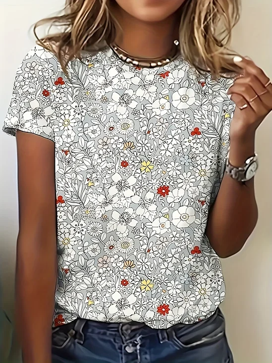 Women
                      Floral Short Sleeve Tee T-shirt Crew Neck Printing
                      Casual Graphic Tee Summer Top