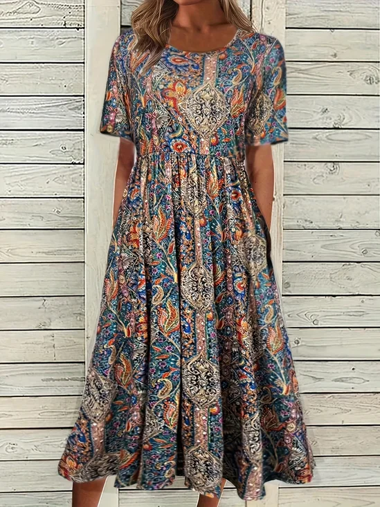 Women Ethnic Short Sleeve Crew Neck Printing Dress Daily Casual Maxi Shift Dress H-Line Summer Dress