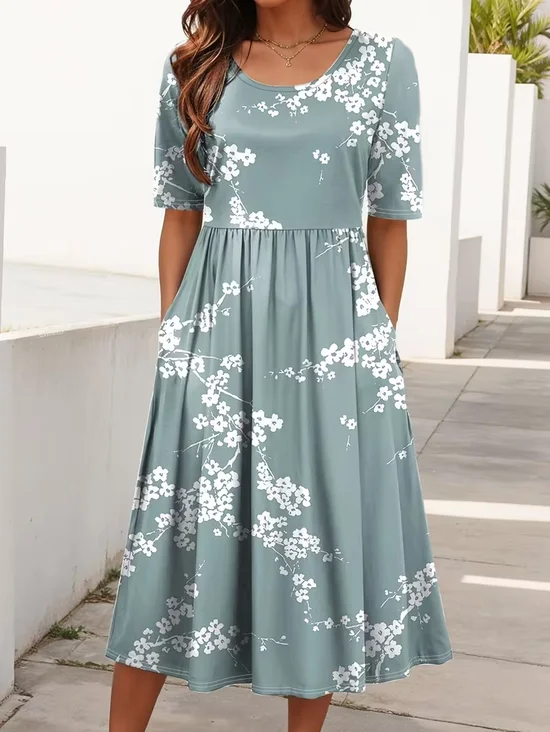 Women Floral Short Sleeve Crew Neck Printing Dress Daily Casual Maxi Shift Dress H-Line Summer Dress