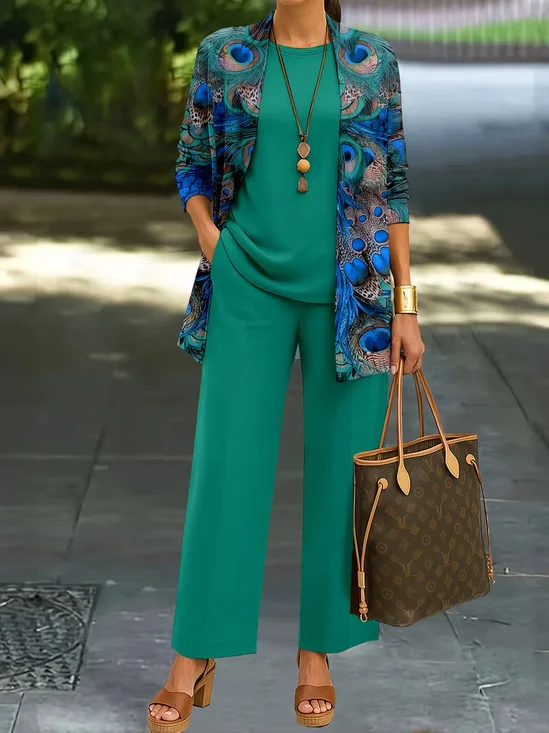 Women Peacock Printing Matching Outfit Daily Long Sleeve Casual Spring/Fall Multi-Piece Set Matching Set