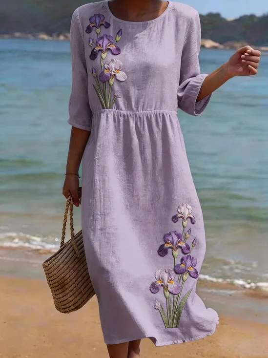 Women Floral Half Sleeve Crew Neck Printing Dress Daily Casual Maxi H-Line Summer Dress