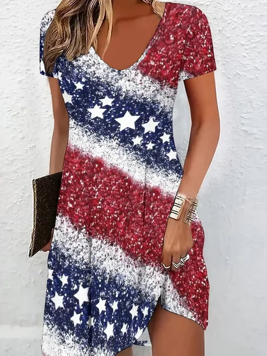 Women America Flag Short Sleeve V Neck Dress Daily Casual Midi Fit & Flare Dress A-Line Summer Dress