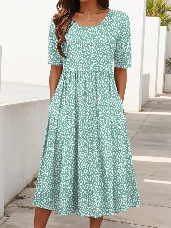 Women Abstract Polka Dots Short Sleeve Crew Neck Printing Dress Daily Casual Maxi Shift Dress H-Line Summer Dress