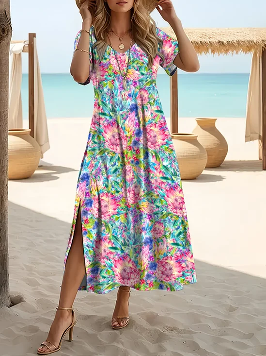 Women Abstract Short Sleeve Crew Neck Printing Dress Daily Casual Maxi T-Shirt Dress H-Line Summer Dress