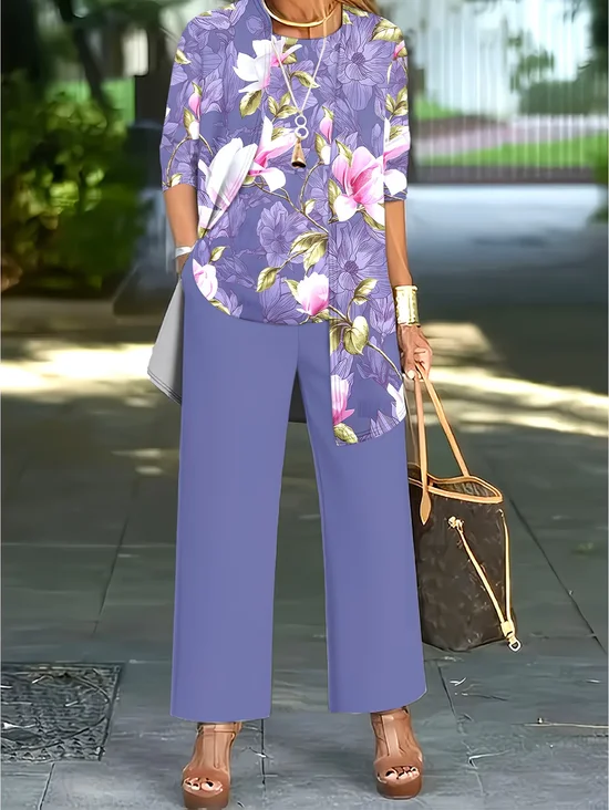 Women Floral Printing Matching Outfit Daily Long Sleeve Casual Spring/Fall Multi-Piece Set Matching Set