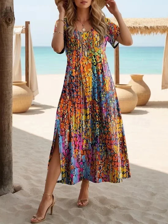 Women Abstract Short Sleeve Crew Neck Printing Dress Daily Casual Maxi T-Shirt Dress H-Line Summer Dress
