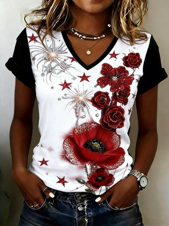 Women
                      Floral Short Sleeve Tee T-shirt V Neck Printing
                      Vintage Summer Top