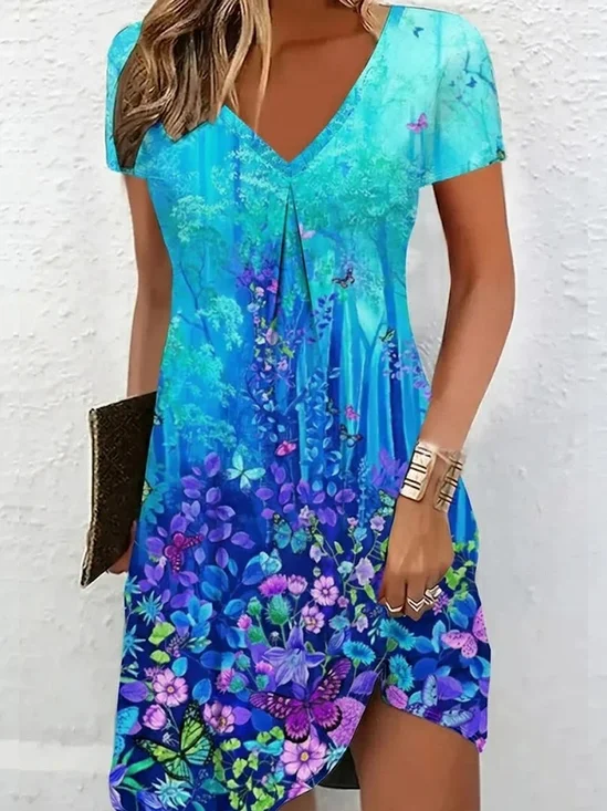 Women's Floral Short Sleeve Summer Printing Dress V Neck Daily Casual Knee Length T-Shirt Dress H-Line Dress