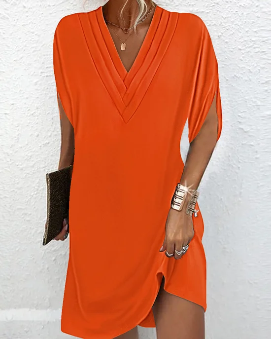 Women Plain Short Sleeve V Neck Dress Daily Vintage Midi Ruffle Skirt H-Line Summer Dress