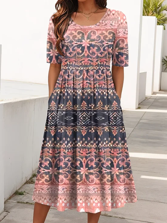 Women Ethnic Short Sleeve Crew Neck Printing Dress Daily Casual Maxi Shift Dress H-Line Summer Dress