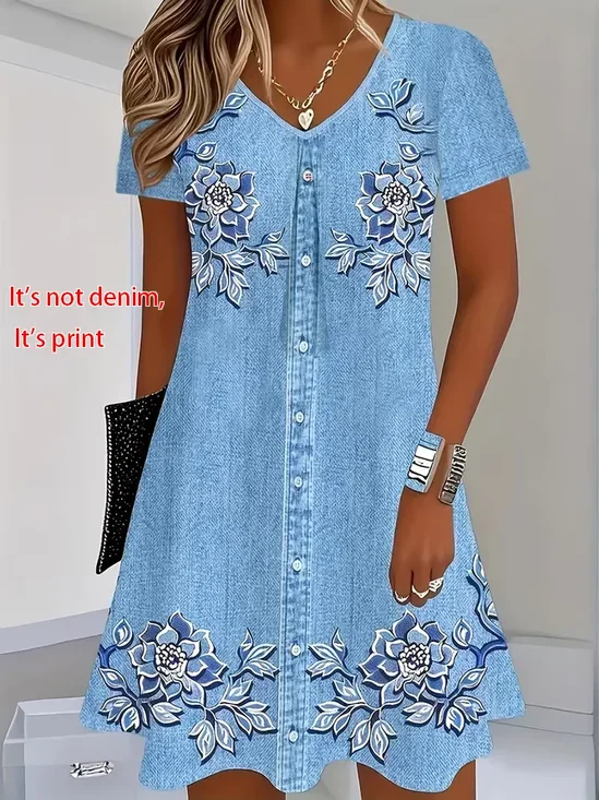 Women Floral Short Sleeve V Neck Printing Dress Daily Casual Knee Length T-Shirt Dress H-Line Summer Dress