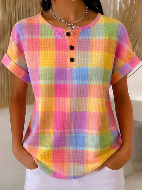 Women
                      Plaid Short Sleeve Tee T-shirt Crew Neck Printing
                      Vintage Summer Top