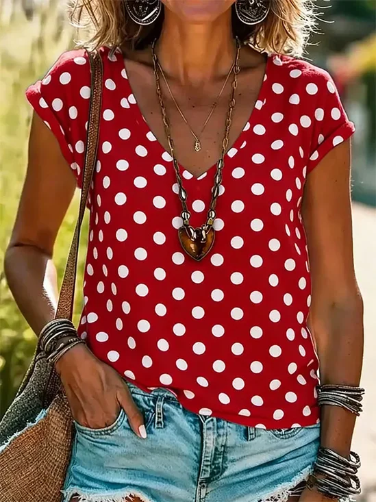 Women Polka Dots Short Sleeve Tee T-shirt V Neck Printing Vintage Summer Top