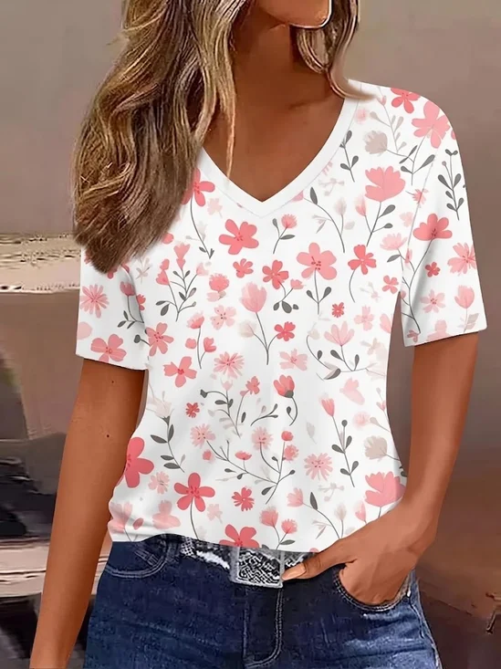 Women
                      Floral Short Sleeve Tee T-shirt V Neck Printing
                      Vintage Summer Top