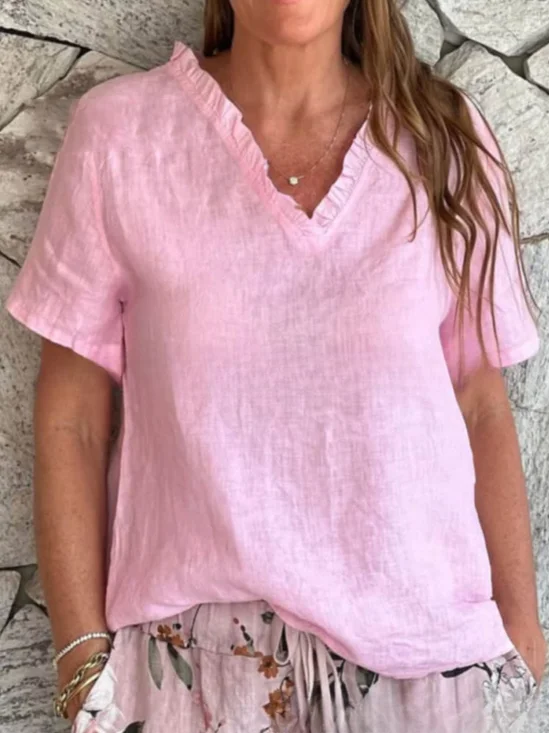 Women
                      Plain Short Sleeve Tee T-shirt V Neck Split Joint
                      Casual Summer Top