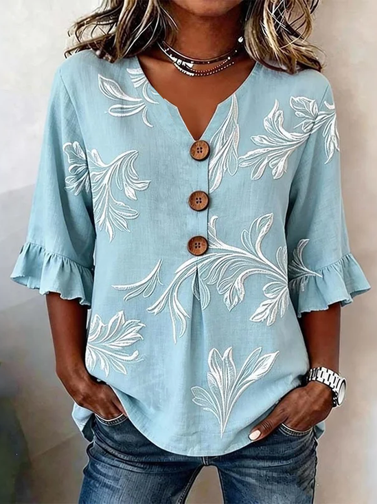 Women Floral V Neck Half Sleeve Blouse Printing Vintage Daily Summer Top