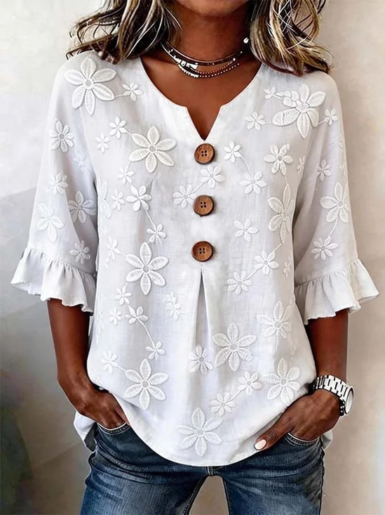 Women Floral V Neck Half Sleeve Blouse Printing Vintage Daily Summer Top