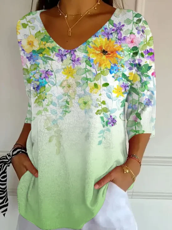 Women
                      Floral Three Quarter Sleeve Tee T-shirt V Neck
                      Printing Casual Graphic Tee Spring/Fall Top