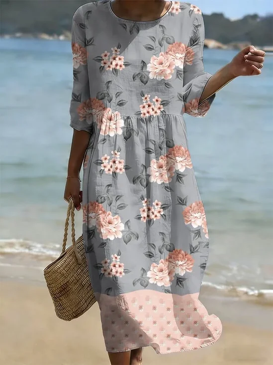 Women Floral Half Sleeve Crew Neck Printing Dress Daily Casual Maxi H-Line Summer Dress