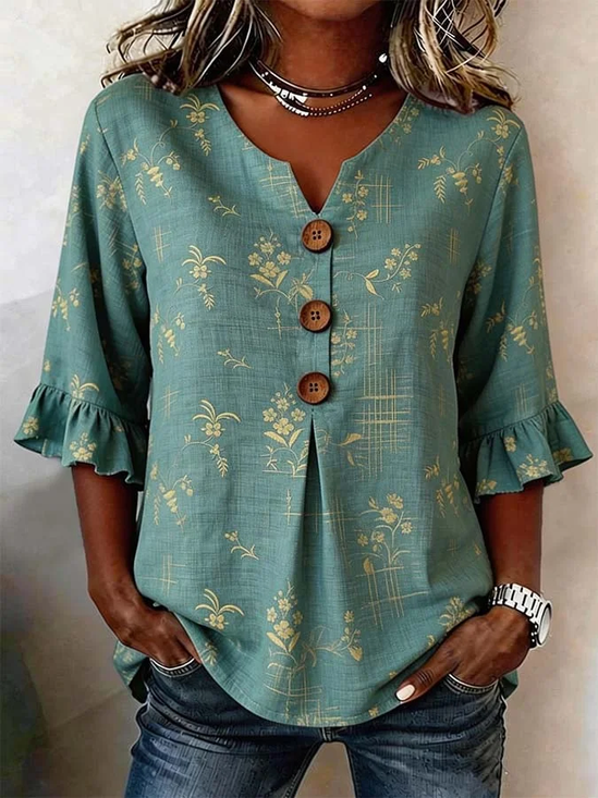 Women Floral V Neck Half Sleeve Blouse Printing Vintage Daily Summer Top