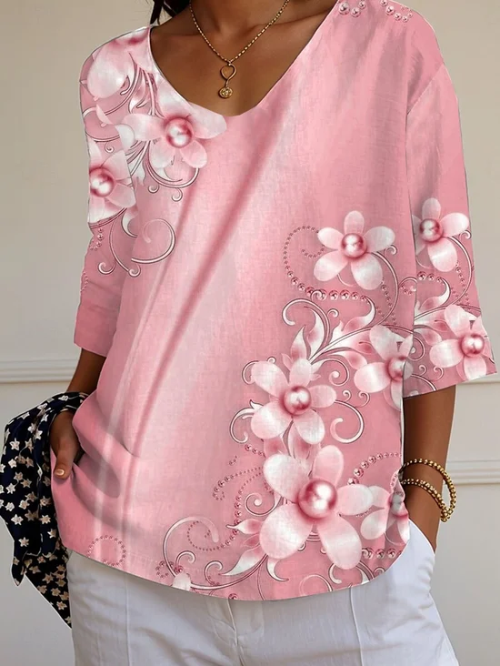 Women
                      Floral Three Quarter Sleeve Tee T-shirt V Neck
                      Printing Casual Graphic Tee Spring/Fall Top