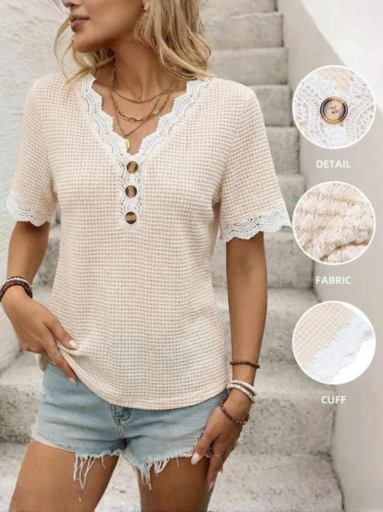 Women
                      Plain Short Sleeve Tee T-shirt V Neck Jacquard
                      Casual Summer Top