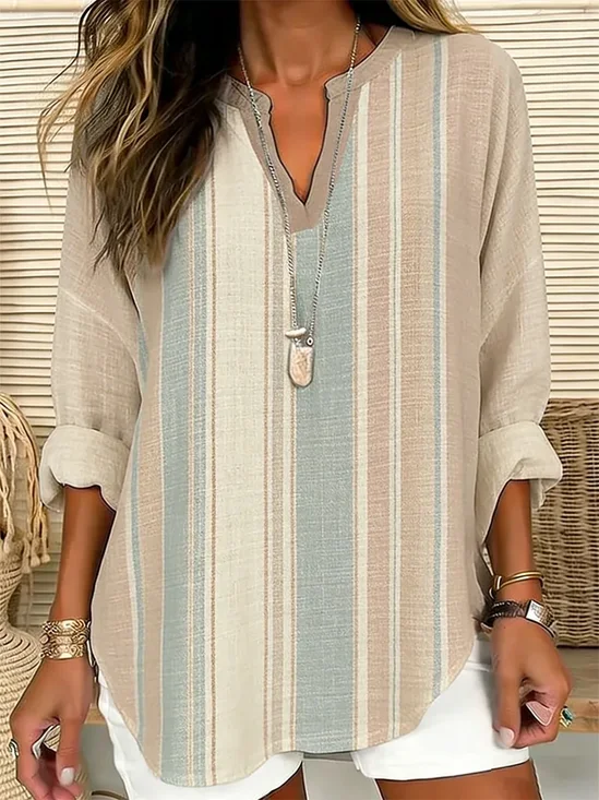 Women Striped V Neck Long Sleeve Blouse Printing Casual Daily Spring/Fall Top
