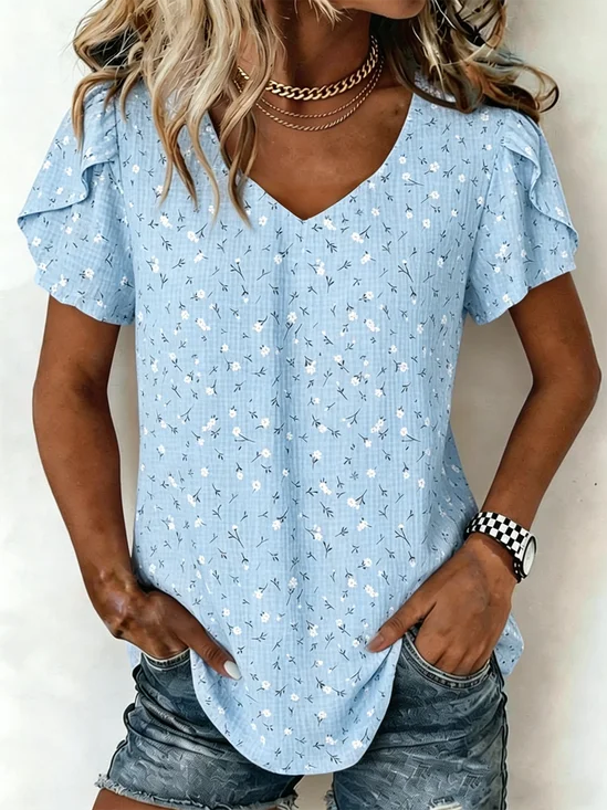 Women Floral V Neck Short Sleeve Shirt Elegant Daily Summer Top