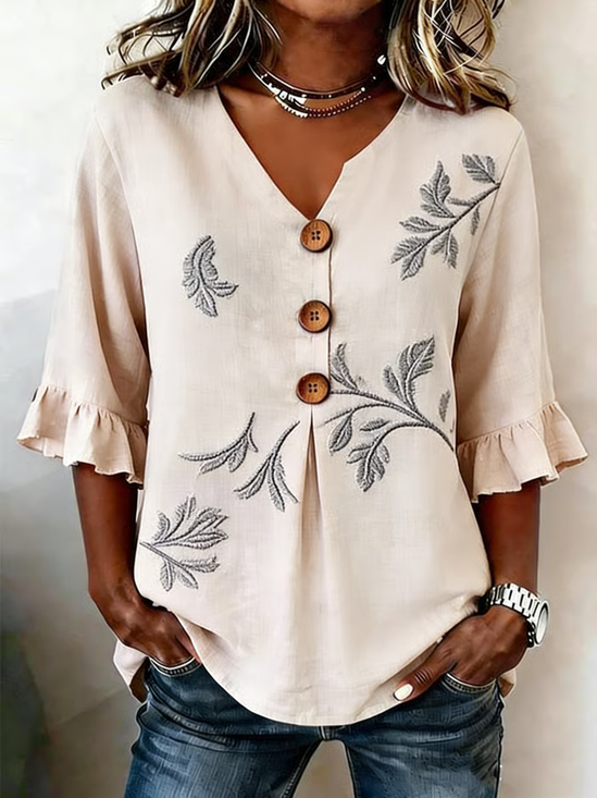 Women Plants V Neck Half Sleeve Blouse Printing Vintage Daily Summer Top