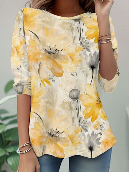 Women Floral Long Sleeve Tee T-shirt Crew Neck Casual Tunic Spring/Fall Top