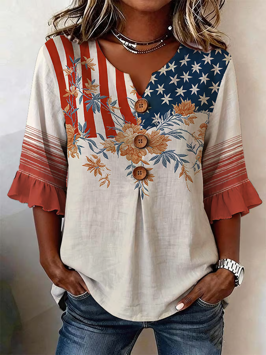 Women Floral V Neck Half Sleeve Blouse Printing Vintage Daily Summer Top