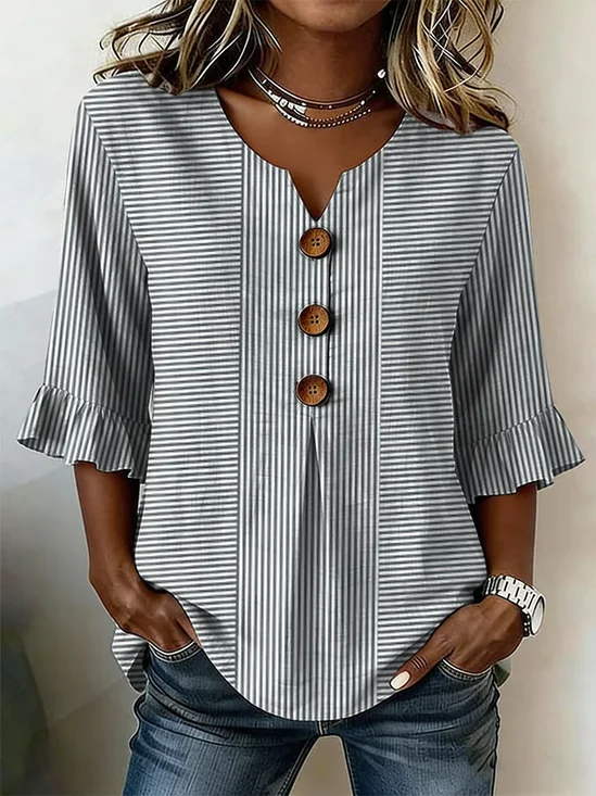 Women Striped V Neck Half Sleeve Blouse Printing Vintage Daily Summer Top