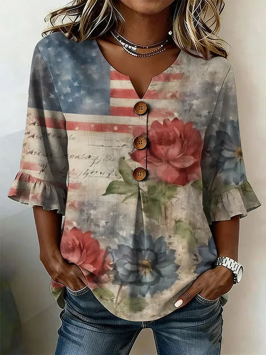 Women Floral V Neck Half Sleeve Blouse Printing Vintage Daily Summer Top