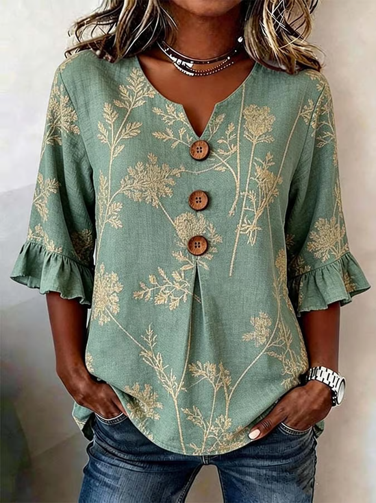 Women Floral V Neck Half Sleeve Blouse Printing Vintage Daily Summer Top