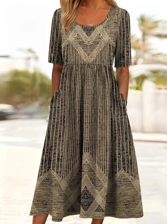 Women Abstract Short Sleeve Crew Neck Printing Dress Daily Casual Maxi Shift Dress H-Line Summer Dress