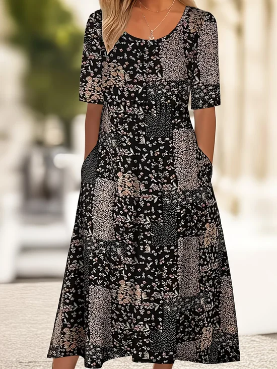 Women Floral Short Sleeve Crew Neck Printing Dress Daily Casual Maxi Shift Dress H-Line Summer Dress