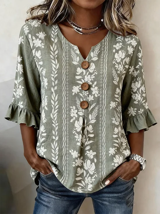 Women Floral V Neck Half Sleeve Blouse Printing Vintage Daily Summer Top