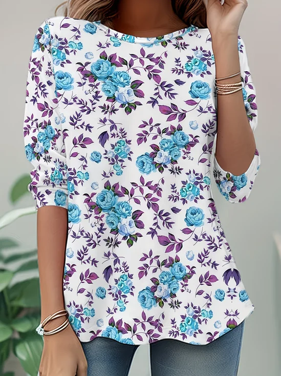 Women Floral Long Sleeve Tee T-shirt Crew Neck Casual Tunic Spring/Fall Top