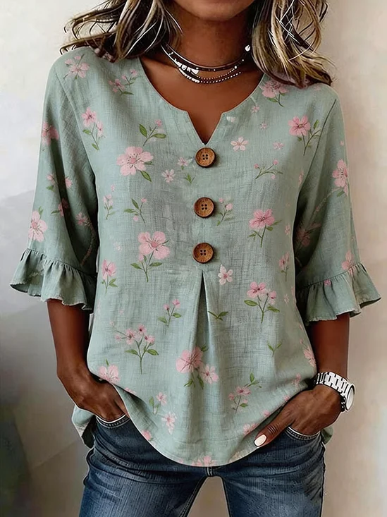 Women Floral V Neck Half Sleeve Blouse Printing Vintage Daily Summer Top