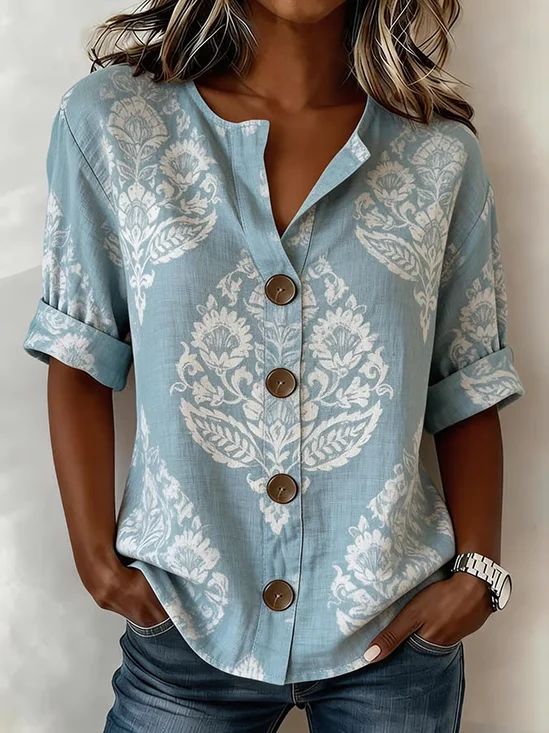 Women Floral Stand Collar Long Sleeve Shirt Buckle Casual Daily Spring/Fall Top