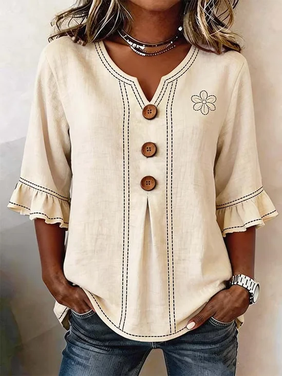 Women Floral V Neck Half Sleeve Blouse Printing Vintage Daily Summer Top