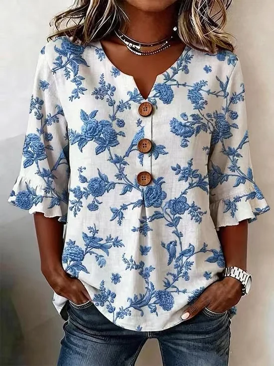 Women Floral V Neck Half Sleeve Blouse Printing Vintage Daily Summer Top