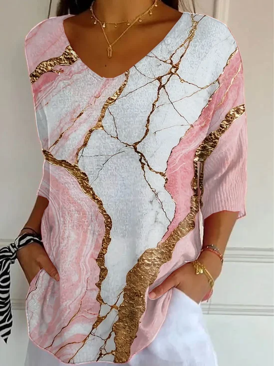 Women Abstract Three Quarter Sleeve Tee T-shirt V Neck Printing Casual Graphic Tee Spring/Fall Top