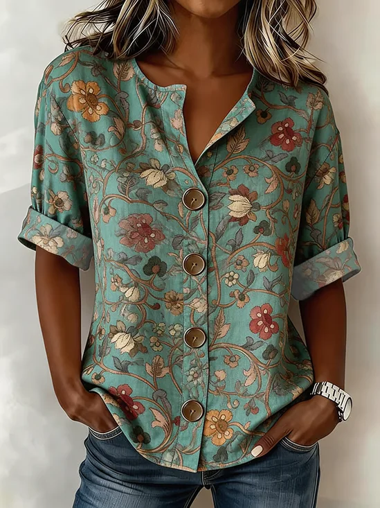 Women Floral Stand Collar Long Sleeve Shirt Buckle Casual Daily Spring/Fall Top