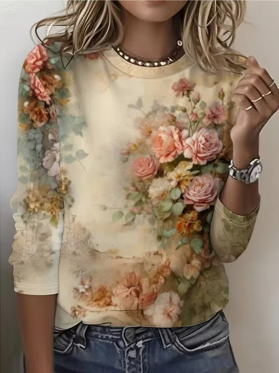 Women
                      Floral Long Sleeve Tee T-shirt Crew Neck Printing
                      Casual Graphic Tee Spring/Fall Top