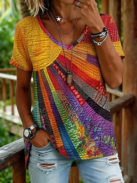 Women
                      Geometric Short Sleeve Tee T-shirt V Neck Vintage
                      Summer Top