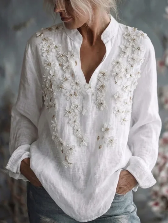 Women Floral V Neck Long Sleeve Blouse Vintage Daily Spring/Fall Top